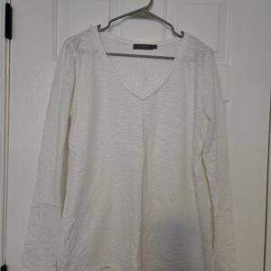 Mododoc White V-Neck Slub Long Sleeve Tee